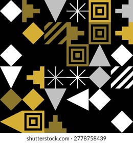 Abstract geometric seamless pattern with gold, silver and white shapes on a black background. Modern minimalist design for textile, wallpaper, and print.