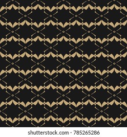 Abstract geometric seamless pattern in gold and black colors. Traditional folk style ornamental background with floral shapes, thin curved lines, mesh. Subtle elegant lace texture. Luxury design 