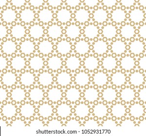 Abstract geometric seamless pattern. Golden grid texture, elegant hexagonal lattice, mesh, weave. Oriental traditional luxury background. Subtle gold and white ornament, repeat tiles, modern design