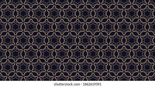 Abstraktes geometrisches nahtloses Muster. Goldene Linien Textur, subtile elegante Gitter, Maschen, Gewebe, Hexagons, Diamanten. Orientalischer luxuriöser Hintergrund. Schwarz-Gold-Ornament, Wiederholungstafeln. Stock-Vektorgrafik