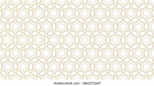 Abstract geometric seamless pattern. Golden lines texture, subtle elegant lattice, mesh, weave, hexagons, diamonds. Oriental luxury background. Ornament, repeat tiles, modern design. Stock vector