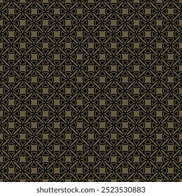 Abstract geometric seamless pattern. Golden vector ornament texture with curved shapes, rounded crosses, lattice. Elegant black and gold background in gothic style with medieval motifs. Repeat design