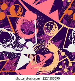 Abstract geometric seamless pattern. Graphic vector. Space background for vinyl wrap and decal. Grunge, neon texture pattern.
