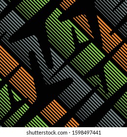 Abstract geometric seamless pattern. Graphic vector. Racing background for vinyl wrap and decal. Grunge, neon texture pattern. Sports textile. Fashion military.