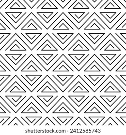 Abstraktes geometrisches nahtloses Muster. Griechische Dreiecksstruktur. Schwarze dreieckige Pfeillinie einzeln auf weißem Hintergrund. Griechenland Geometrie Labyrinth Linien. Geo-Winkel-Labyrinth-Pyramide. Vektorgrafik