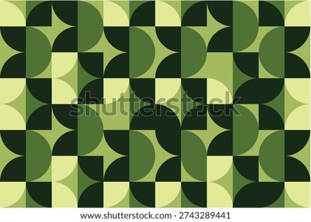 Abstract geometric seamless pattern with green circles and organic petal shapes in a retro mid-century modern style. Minimalist botanical background perfect for eco-friendly branding, wallpaper, and textile design.
