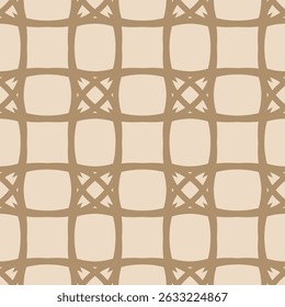Abstract geometric seamless pattern with grid, lattice, mesh, net, curved lines, floral shapes, squares. Simple vector gold and beige background texture. Repeating geo design for print, textile, cover