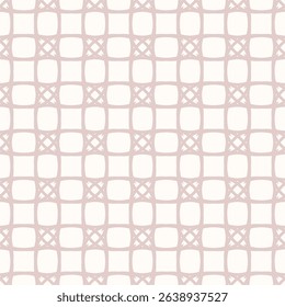 Abstract geometric seamless pattern with grid, lattice, mesh, net, curved lines, floral shapes, squares. Simple vector background. Subtle pink and white texture. Repeated geo design for print, textile