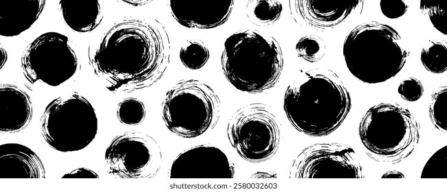 Abstract geometric seamless pattern with grunge dots and circles. Brush drawn bold circles seamless banner design. Vector grunge polka dot background. Creative funky basic geometric banner.