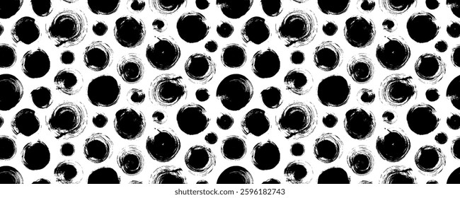 Abstract geometric seamless pattern with grunge dots and circles. Brush drawn bold circles seamless banner design. Vector grunge polka dot background. Creative funky basic geometric banner.