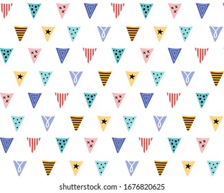 Abstract geometric seamless pattern. Hand drawn festive colorful decorative triangular flags on a white background. Scandinavian flat illustration.Textile, wallpaper, wrapping paper design idea