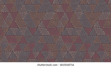Abstract geometric seamless pattern with hand drawn randomly colored hatched triangles. Vector doodle retro style background.