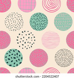 Abstract geometric seamless pattern with hand drawn doodle scribble circles, minimal texture. Minimalistic geometry background. Vector art design for summer prints, cover, home deco wallpaper