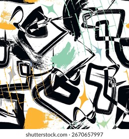 Abstract geometric seamless pattern with hand drawn scribbles, black lines, doodles and colorful grunge brush strokes in a modern, dynamic style. Ideal for backgrounds, textiles, digital art projects.