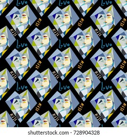 Abstract geometric seamless pattern. Heart and Kiss
