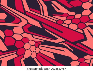 Abstract geometric seamless pattern with hexagonal and polygonal shapes. Modern digital camo texture ornament for racing vinyl print. Vector background.