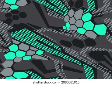 Abstract geometric seamless pattern with hexagonal and polygonal shapes. Modern digital camo texture ornament for racing vinyl print. Vector background.