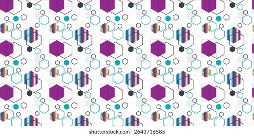 Abstract geometric seamless pattern with hexagons in vibrant colors.  A modern design featuring purple, teal, and rainbow gradient hexagons on a white background. Ideal for textile, wallpaper, or web 