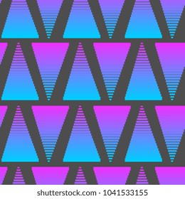 Abstract geometric seamless pattern holographic neon blue and pink halftone stripes. Extreme sport style, urban art texture. Trendy background in bright neon colors. Stock vector.
