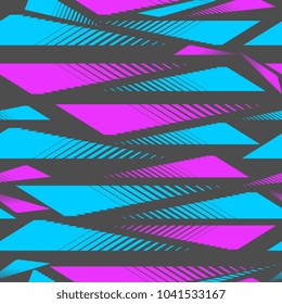 Abstract geometric seamless pattern holographic neon blue and pink halftone stripes. Extreme sport style, urban art texture. Trendy background in bright neon colors. Stock vector.