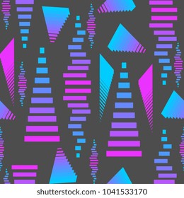 Abstract geometric seamless pattern holographic neon blue and pink halftone stripes. Extreme sport style, urban art texture. Trendy background in bright neon colors. Stock vector.