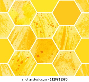 Abstract geometric seamless pattern with honeycomb. Watercolor yellow hexagon with texture of stain, spray, splash and spot, fashion elements. Vector illustration.