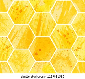 Abstract geometric seamless pattern with honeycomb. Watercolor yellow hexagon with texture of stain, spray, splash and spot, fashion elements. Vector illustration.