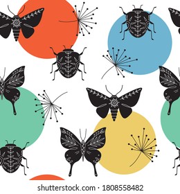 Abstract geometric seamless pattern with insects, bugs, butterflies, moths. Colorful background for fabric design print, textile, backdrops. Hand-drawn style vector illustration.