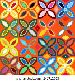 Abstract geometric seamless pattern inspired by 1970s fashion in multiple bright colors. Vector vintage background with vibrant, bold design
