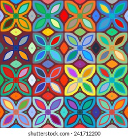 Abstract geometric seamless pattern inspired by 1970s fashion in multiple bright colors. Vector vintage background with vibrant, bold design