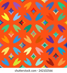 Abstract geometric seamless pattern inspired by 1970s fashion in multiple bright colors. Vector vintage background with vibrant, bold design