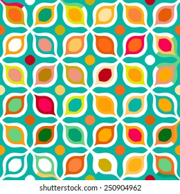 Abstract geometric seamless pattern inspired by 1970s fashion in multiple bright colors. Vector vintage background with vibrant, bold design