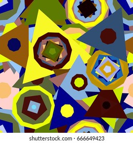 Abstract geometric seamless pattern with intersected multicolored circles, triangles and polygons. Funny bright texture for congrats wrap, postcard, fabric.