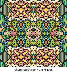 Abstract geometric seamless pattern. Islamic Arabian ornament. Tribal ethnic background, hand drawn fashion repeating texture. Colorful vector illustration