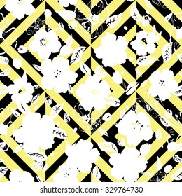 Abstract Geometric seamless pattern with isolated white flowers and leaves. Vector illustration.