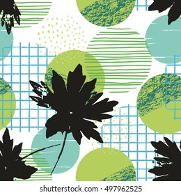 Abstract geometric seamless pattern with leafs. Trendy hand drawn textures. Modern abstract design for poster, cover, fabric and other users