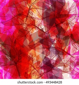 Abstract geometric seamless pattern with Leaves contours rhombus decorative contemporary elements. pink orange red geometric print, ethnic hipster trendy backdrop. Vector illustration