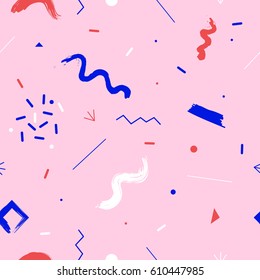 Abstract geometric seamless pattern with leaves and eyes icons. Vector graphics. Memphis design.