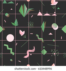 Abstract geometric seamless pattern with leaves and eyes icons. Vector graphics. Memphis design.