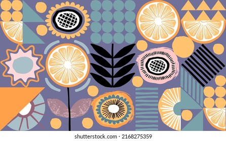 Abstract geometric seamless pattern with lemon slices and rough shapes in yellow,blue and lilac colors.Trendy background and texture for printing on fabric and paper.Vector hand drawn illustration.