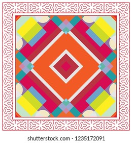 Abstract geometric seamless pattern with linear ornamental frame border for silk scarf shawl design. Ethnic motif for textile fabric print