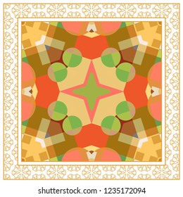 Abstract geometric seamless pattern with linear ornamental frame border for silk scarf shawl design. Ethnic motif for textile fabric print