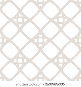 Abstract geometric seamless pattern with linear grid, lattice, mesh, net, thin lines, diamond shapes. Simple elegant beige and white background texture. Subtle repeated geo design for print, textile