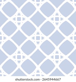 Abstract geometric seamless pattern with linear grid, lattice, diamond shapes. Simple elegant light blue and white background texture. Repeated minimal design for print, cover, textile, linens, decor