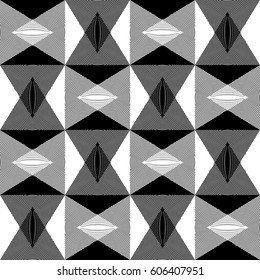 Abstract geometric seamless pattern of linear black shapes on white isolated background in vector. Black and white ornamental pattern