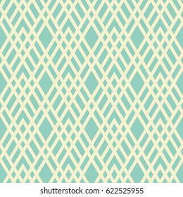Abstract geometric seamless pattern with lines forming unusual ornament. Texture in teal and cream colors. Good for greeting card, wedding invitation, print, home decor, textile, wrapping paper.