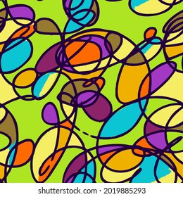 Abstract geometric seamless pattern made of stylized stained glass ornament. Multicolor mosaic illustration. Freehand simple cartoon style surreal drawing with wavy shapes. Retro vintage design.