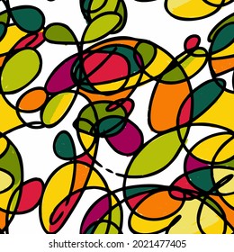 Abstract geometric seamless pattern made of stylized stained glass ornament. Multicolor mosaic illustration. Freehand simple cartoon style surreal drawing with wavy shapes. Retro vintage design.