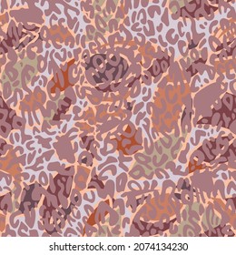 Abstract geometric seamless pattern made of stylized stained glass ornament on animal leopard skin background. Multicolor mosaic texture. Surreal drawing with wavy shapes. Modern design. For fabric.