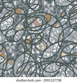 Abstract geometric seamless pattern made of surreal wavy shapes and grid ornament. Multicolor mosaic background. Freehand drawing with simple cartoon style. Retro vintage design.